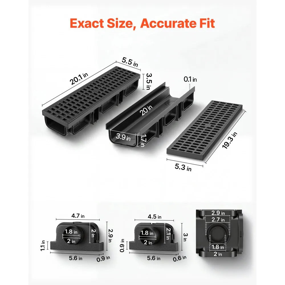 VEVOR Trench Drain, 20.1 x 5.5 x 3.5 in, 12 Pack Linear Drainage Channel, HDPE Channel Drain with Grates & End Caps, Premium Outdoor Drainage System for Driveway, Patio, Pool, Garden, Yard, Black