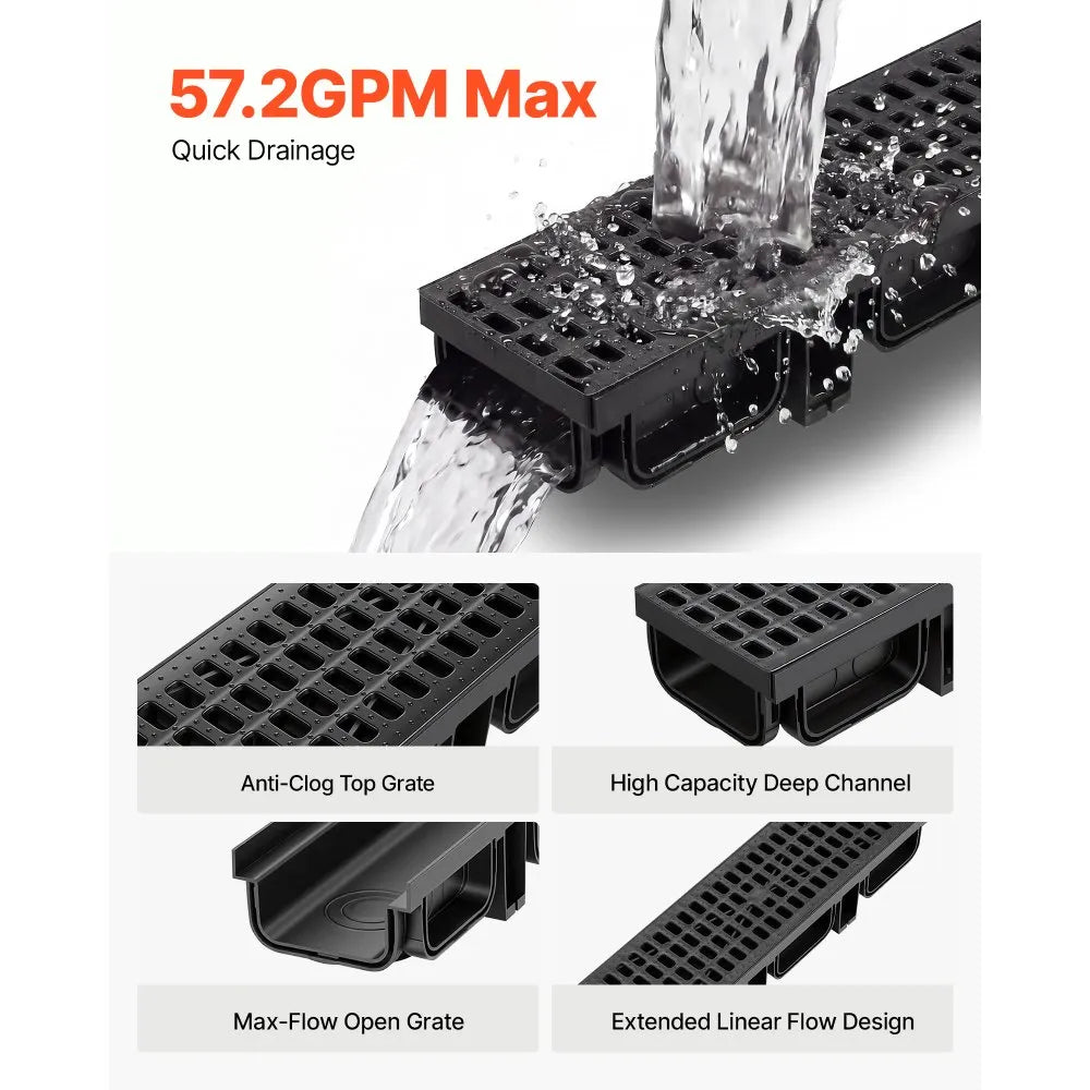 VEVOR Trench Drain, 20.1 x 5.5 x 3.5 in, 12 Pack Linear Drainage Channel, HDPE Channel Drain with Grates & End Caps, Premium Outdoor Drainage System for Driveway, Patio, Pool, Garden, Yard, Black