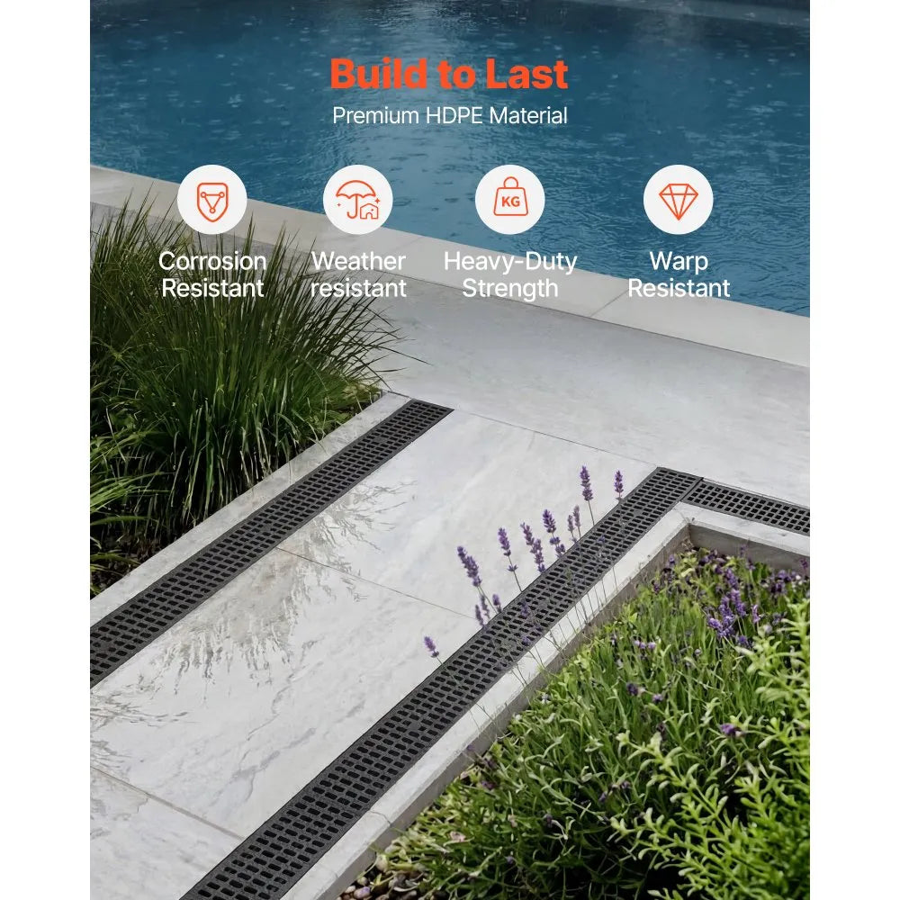 VEVOR Trench Drain, 20.1 x 5.5 x 3.5 in, 12 Pack Linear Drainage Channel, HDPE Channel Drain with Grates & End Caps, Premium Outdoor Drainage System for Driveway, Patio, Pool, Garden, Yard, Black