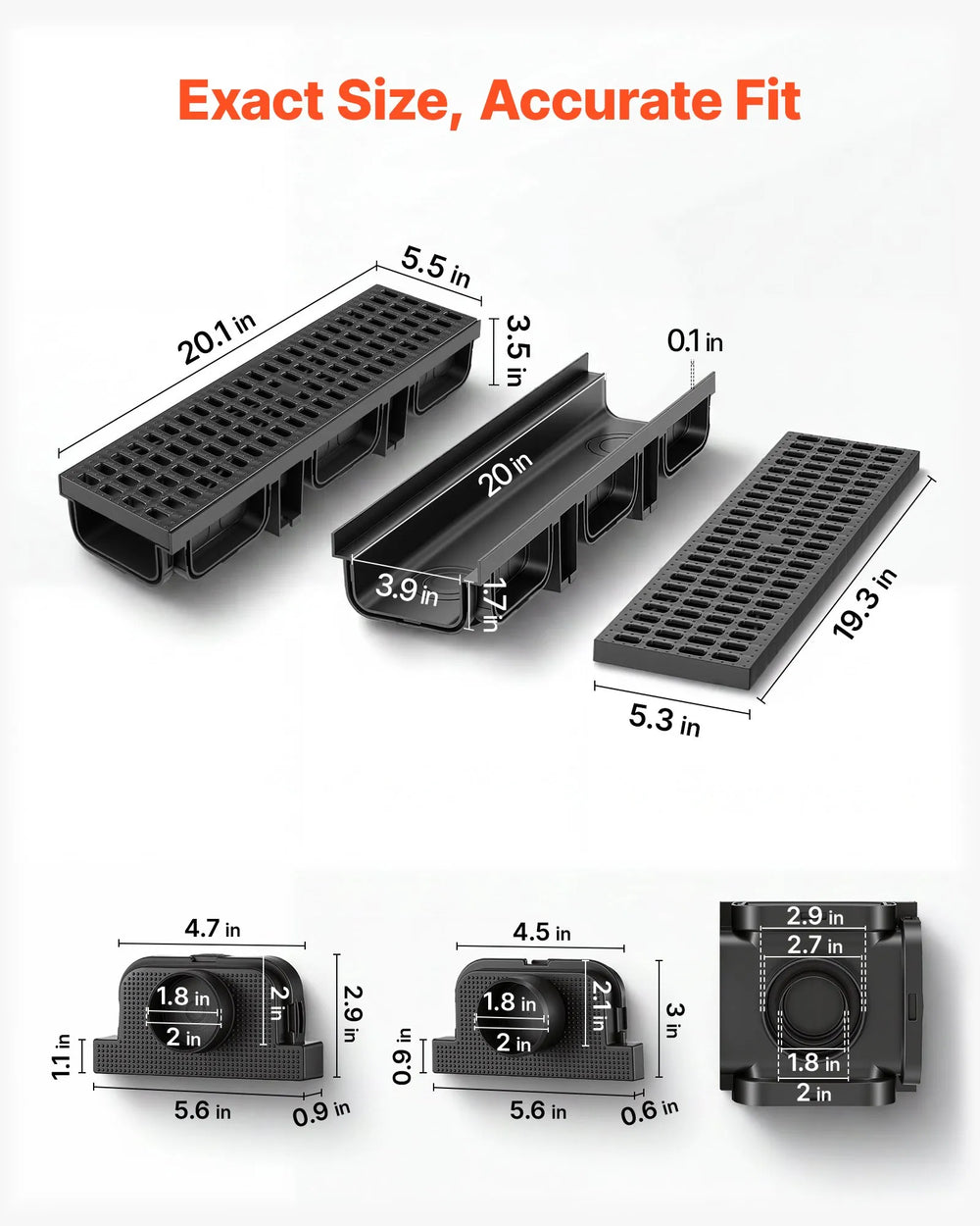 VEVOR Trench Drain, 20.1 x 5.5 x 3.5 in, 12 Pack Linear Drainage Channel, HDPE Channel Drain with Grates & End Caps, Premium Outdoor Drainage System for Driveway, Patio, Pool, Garden, Yard, Black