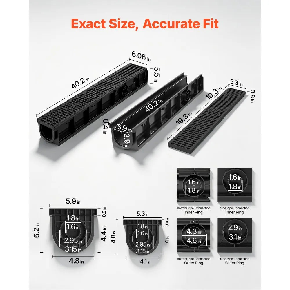 VEVOR Trench Drain, 40.2 x 6.6 x 5.5 in, 6 Pack Linear Drainage Channel, HDPE Channel Drain with Grates & End Caps, Premium Outdoor Drainage System for Driveway, Patio, Pool, Garden, Yard, Black