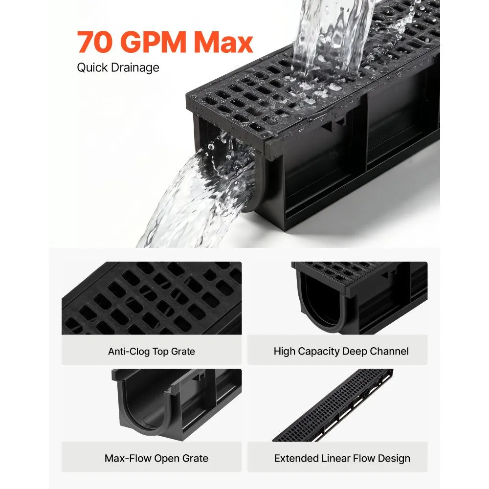 VEVOR Trench Drain, 40.2 x 6.6 x 5.5 in, 6 Pack Linear Drainage Channel, HDPE Channel Drain with Grates & End Caps, Premium Outdoor Drainage System for Driveway, Patio, Pool, Garden, Yard, Black