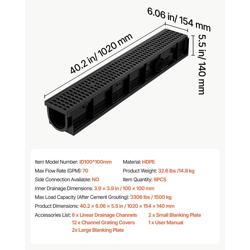 VEVOR Trench Drain, 40.2 x 6.6 x 5.5 in, 6 Pack Linear Drainage Channel, HDPE Channel Drain with Grates & End Caps, Premium Outdoor Drainage System for Driveway, Patio, Pool, Garden, Yard, Black