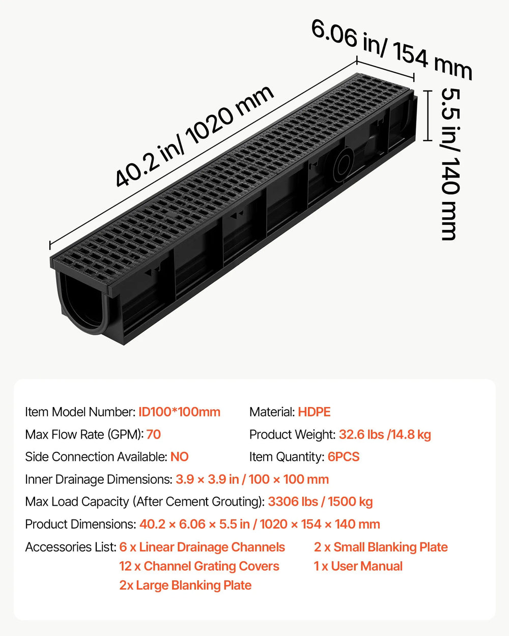 VEVOR Trench Drain, 40.2 x 6.6 x 5.5 in, 6 Pack Linear Drainage Channel, HDPE Channel Drain with Grates & End Caps, Premium Outdoor Drainage System for Driveway, Patio, Pool, Garden, Yard, Black