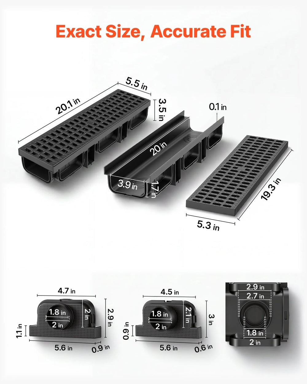 VEVOR Trench Drain, 20.1 x 5.5 x 3.5 in, 6 Pack Linear Drainage Channel, HDPE Channel Drain with Grates & End Caps, Premium Outdoor Drainage System for Driveway, Patio, Pool, Garden, Yard, Black