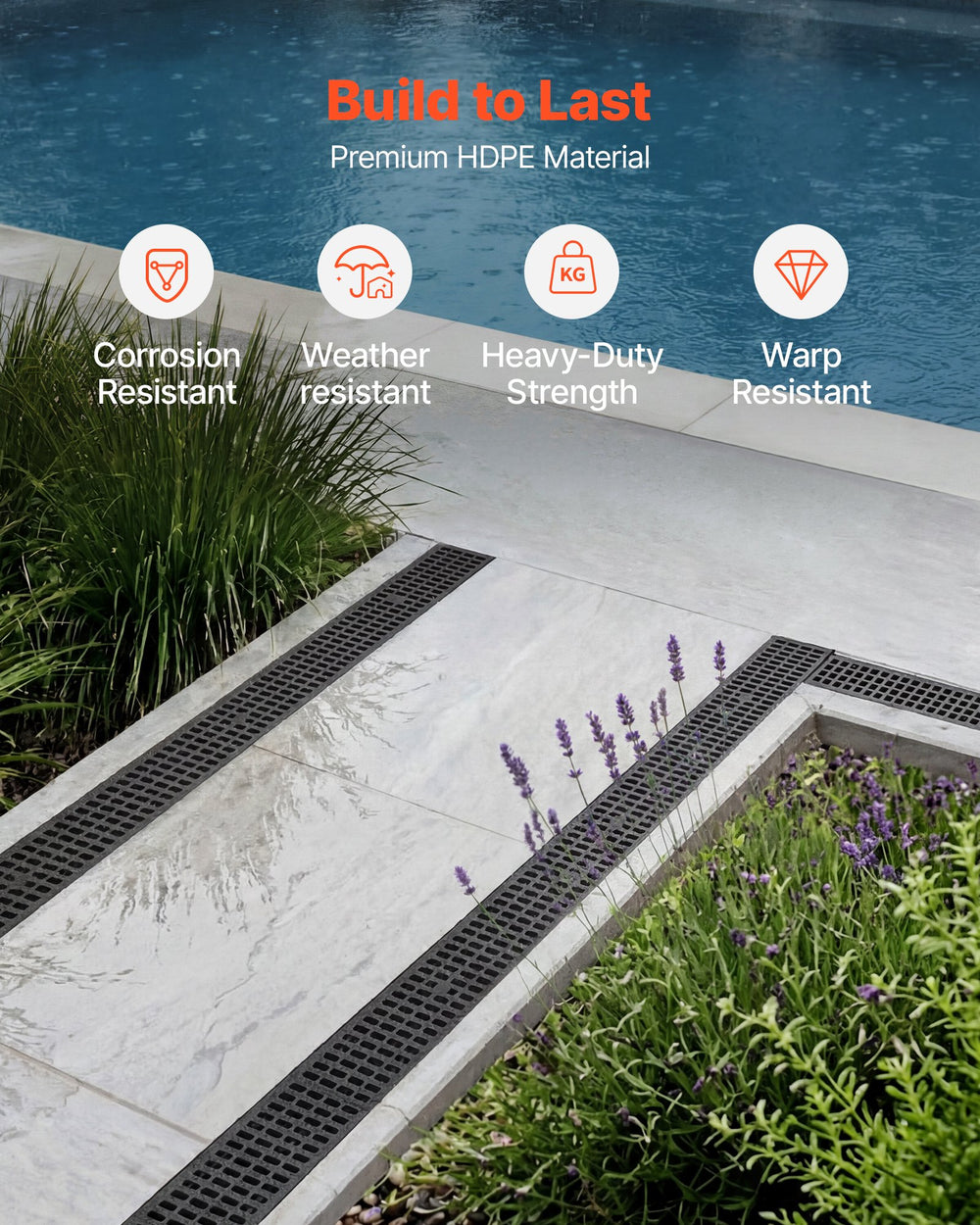 VEVOR Trench Drain, 20.1 x 5.5 x 3.5 in, 6 Pack Linear Drainage Channel, HDPE Channel Drain with Grates & End Caps, Premium Outdoor Drainage System for Driveway, Patio, Pool, Garden, Yard, Black