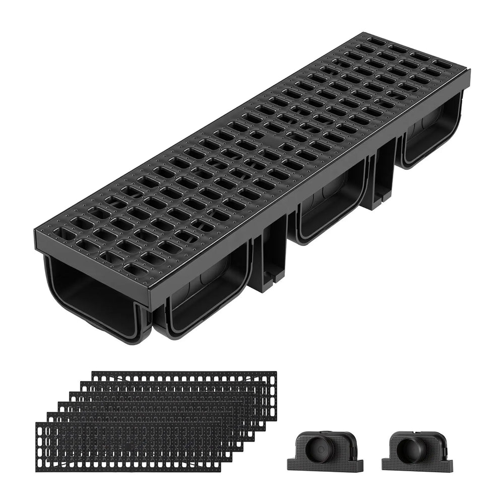 VEVOR Trench Drain, 20.1 x 5.5 x 3.5 in, 6 Pack Linear Drainage Channel, HDPE Channel Drain with Grates & End Caps, Premium Outdoor Drainage System for Driveway, Patio, Pool, Garden, Yard, Black
