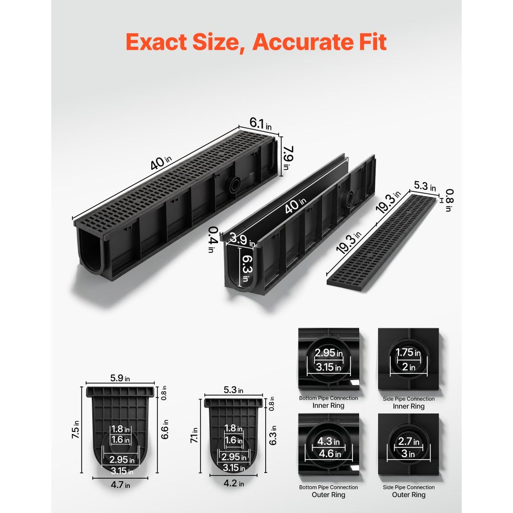 VEVOR Trench Drain, 40.1 x 6.1 x 8.0 in, 4 Pack Linear Drainage Channel, HDPE Channel Drain with Grates & End Caps, Premium Outdoor Drainage System for Driveway, Patio, Pool, Garden, Yard, Black