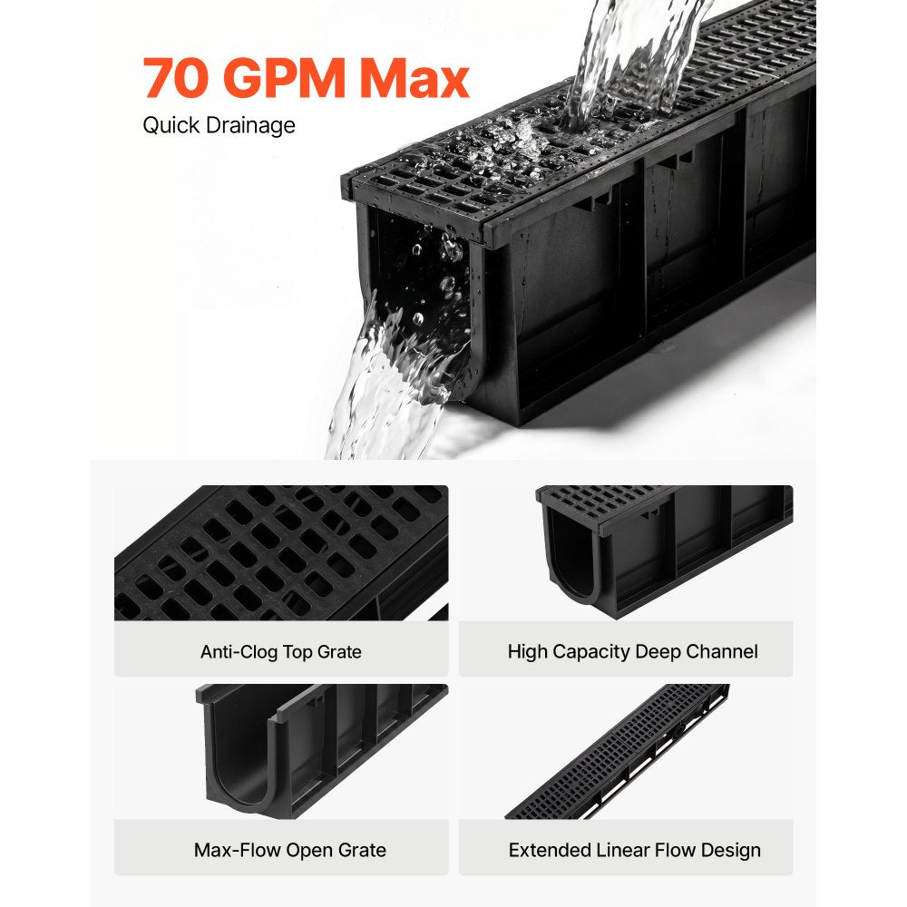 VEVOR Trench Drain, 40.1 x 6.1 x 8.0 in, 4 Pack Linear Drainage Channel, HDPE Channel Drain with Grates & End Caps, Premium Outdoor Drainage System for Driveway, Patio, Pool, Garden, Yard, Black