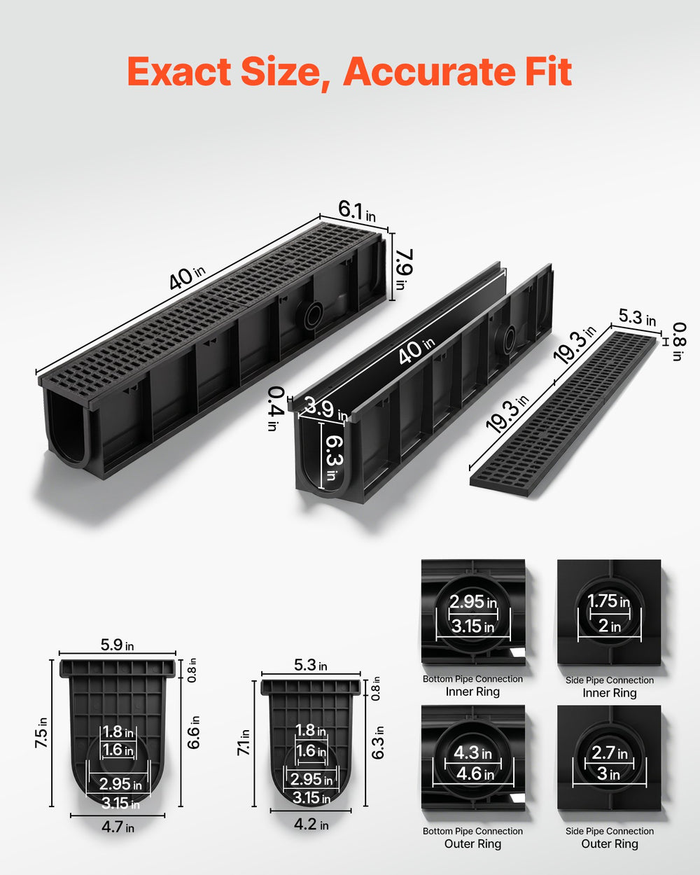 VEVOR Trench Drain, 40.1 x 6.1 x 8.0 in, 4 Pack Linear Drainage Channel, HDPE Channel Drain with Grates & End Caps, Premium Outdoor Drainage System for Driveway, Patio, Pool, Garden, Yard, Black
