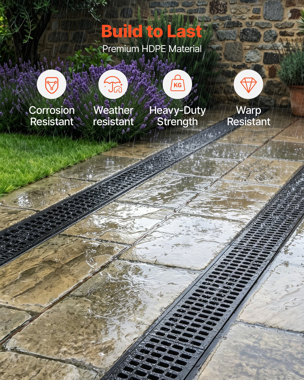 VEVOR Trench Drain, 40.1 x 6.1 x 8.0 in, 4 Pack Linear Drainage Channel, HDPE Channel Drain with Grates & End Caps, Premium Outdoor Drainage System for Driveway, Patio, Pool, Garden, Yard, Black