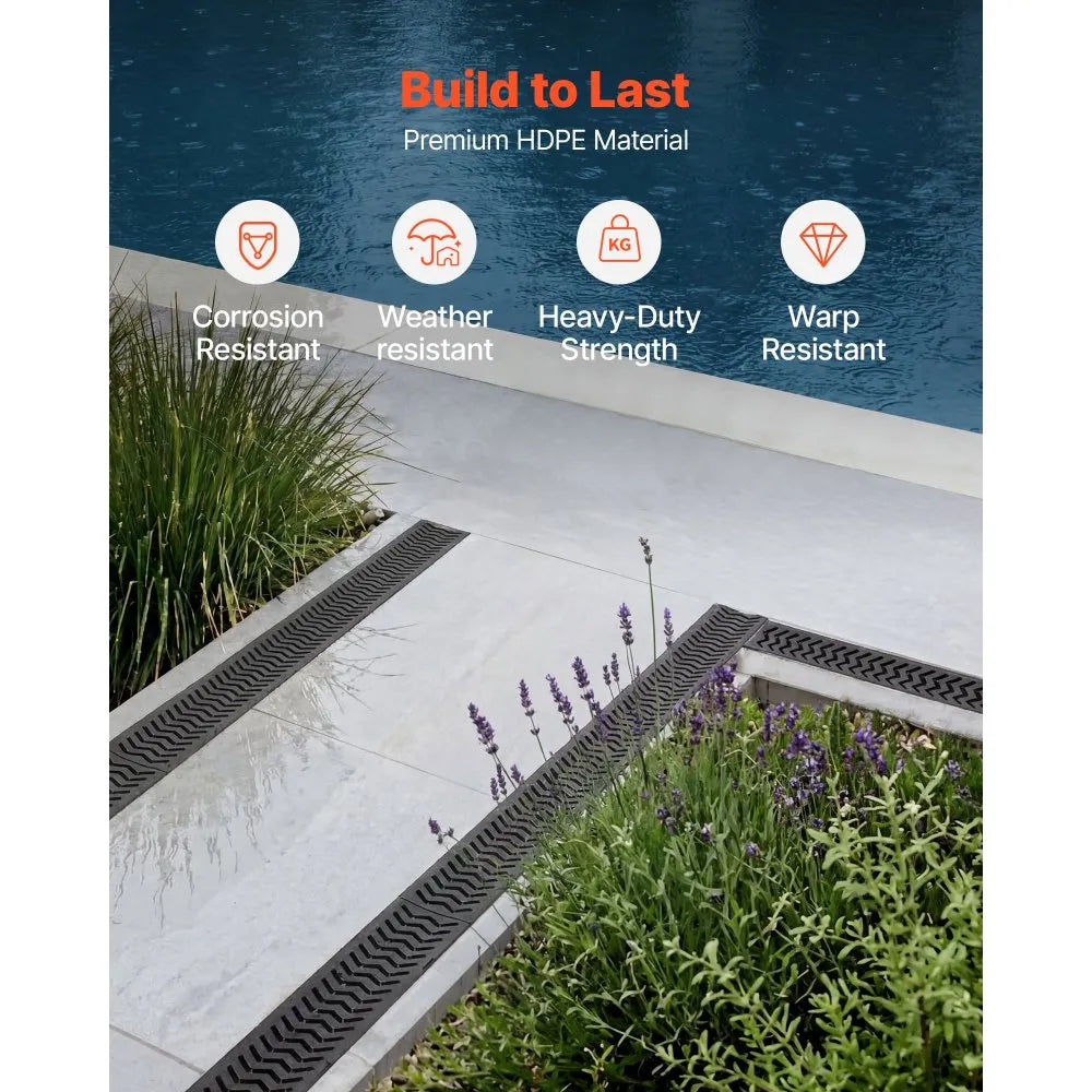 VEVOR Trench Drain, 39.6 x 4.1 x 2.4 in, 5 Pack Linear Drainage Channel, HDPE Channel Drain with Grates & End Caps, Premium Outdoor Drainage System for Driveway, Patio, Pool, Garden, Yard, Black