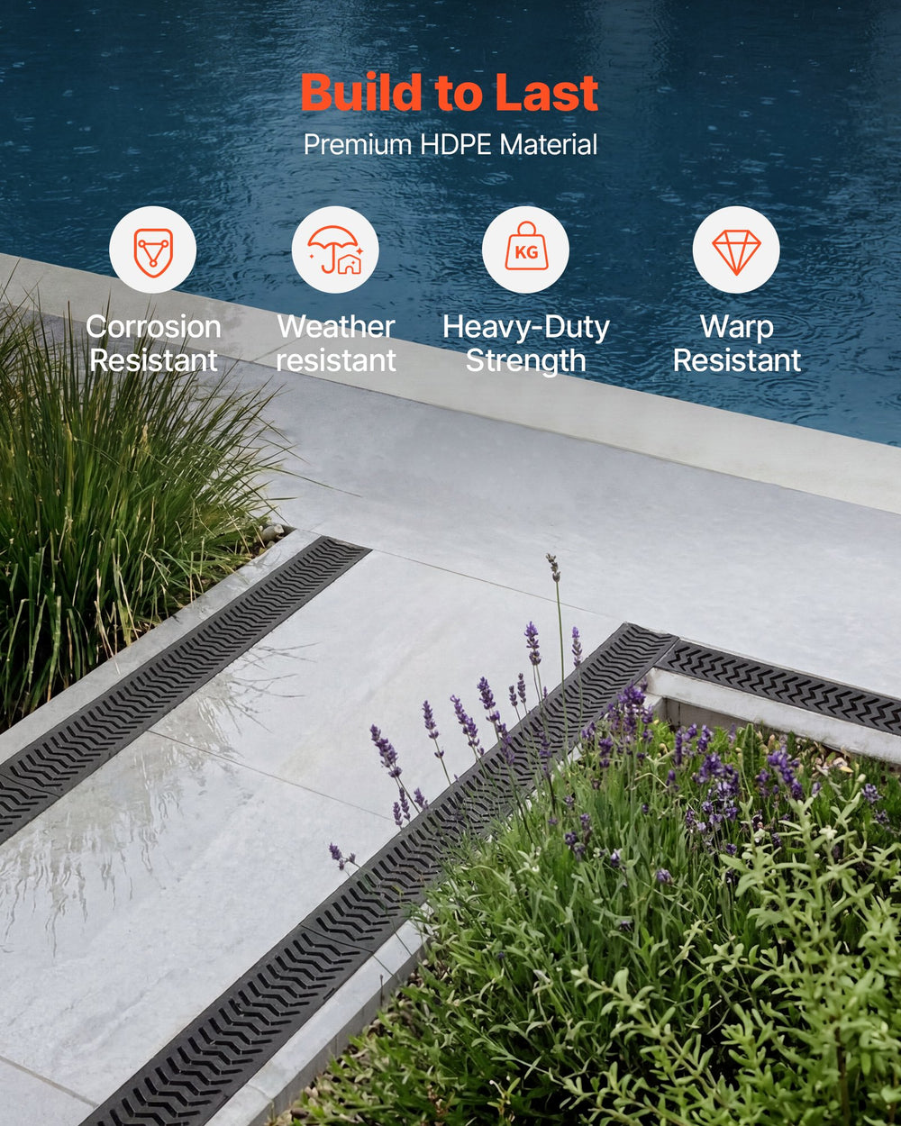 VEVOR Trench Drain, 39.6 x 4.1 x 2.4 in, 5 Pack Linear Drainage Channel, HDPE Channel Drain with Grates & End Caps, Premium Outdoor Drainage System for Driveway, Patio, Pool, Garden, Yard, Black