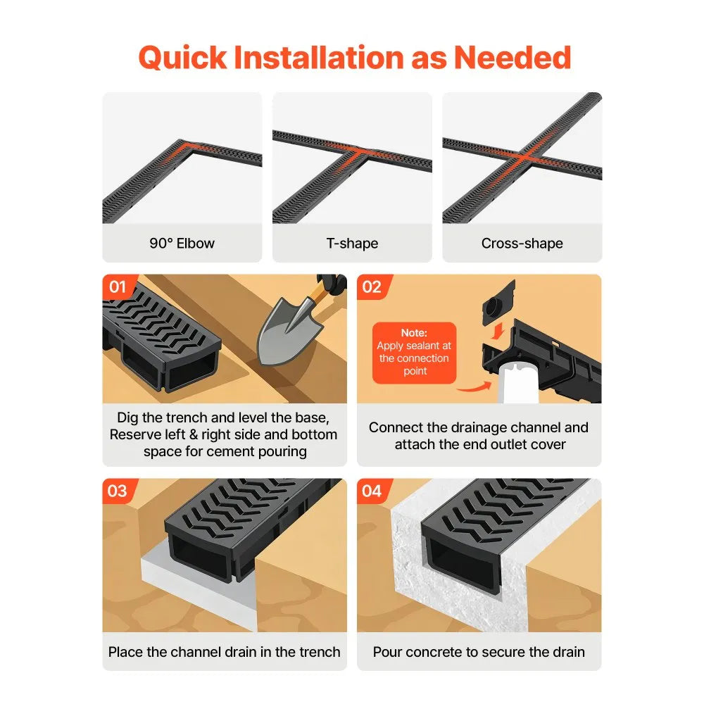 VEVOR Trench Drain, 39.6 x 4.1 x 2.4 in, 6 Pack Linear Drainage Channel, HDPE Channel Drain with Grates & End Caps, Premium Outdoor Drainage System for Driveway, Patio, Pool, Garden, Yard, Black