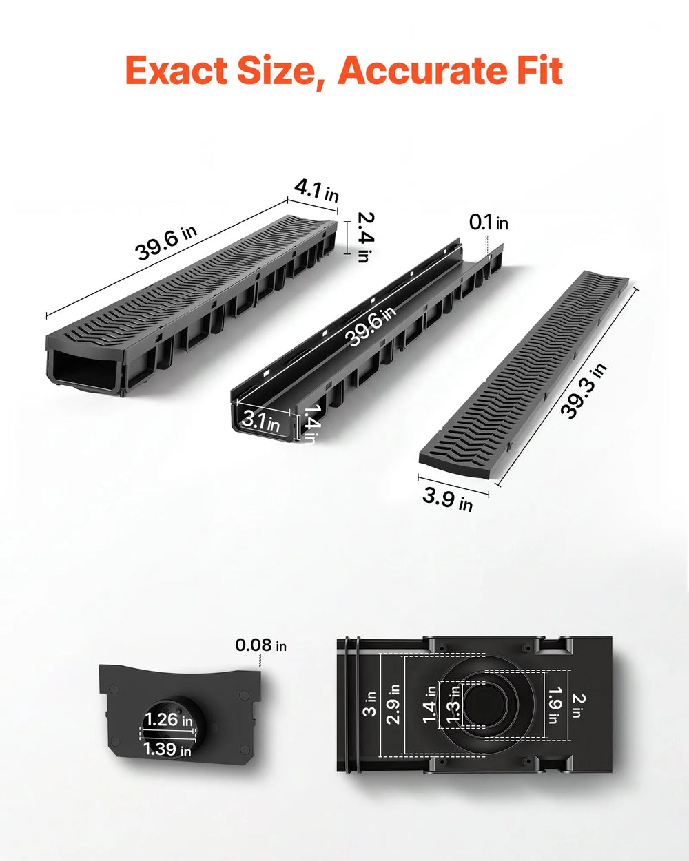 VEVOR Trench Drain, 39.6 x 4.1 x 2.4 in, 6 Pack Linear Drainage Channel, HDPE Channel Drain with Grates & End Caps, Premium Outdoor Drainage System for Driveway, Patio, Pool, Garden, Yard, Black