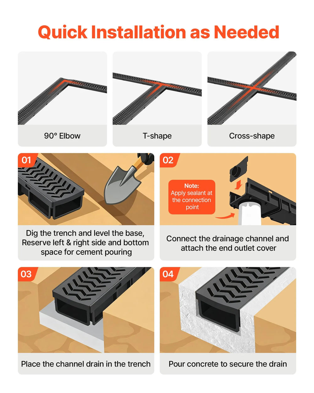 VEVOR Trench Drain, 39.6 x 4.1 x 2.4 in, 6 Pack Linear Drainage Channel, HDPE Channel Drain with Grates & End Caps, Premium Outdoor Drainage System for Driveway, Patio, Pool, Garden, Yard, Black