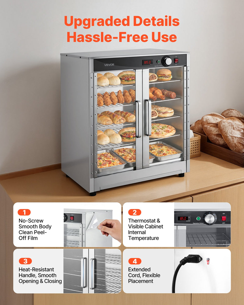 VEVOR warming cabinet - upgraded details infographic