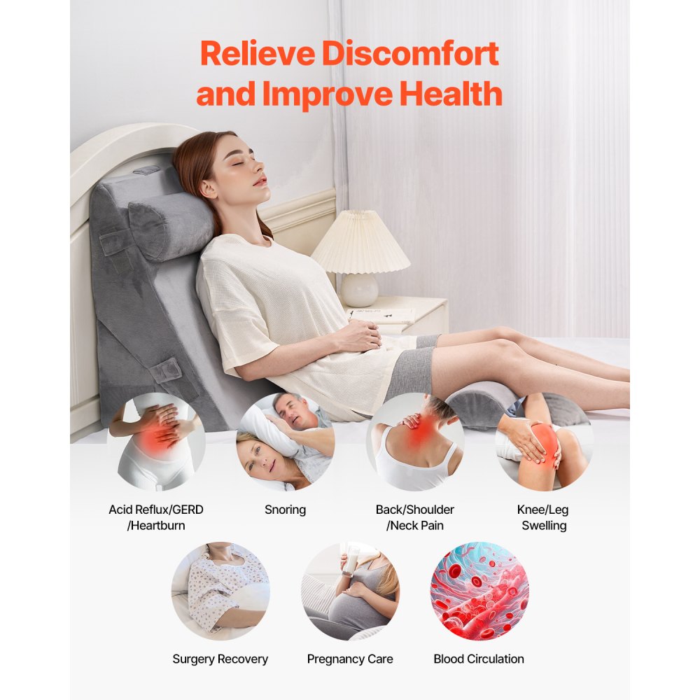VEVOR Wedge Pillow for Sleeping, 4 Pcs Adjustable Orthopedic Bed Wedge Set, Support Arm Leg Neck Shoulder, Post Surgery Pillow for Back Pain, Acid Reflux, Snoring Relief, Sitting up in Bed, Dark Grey