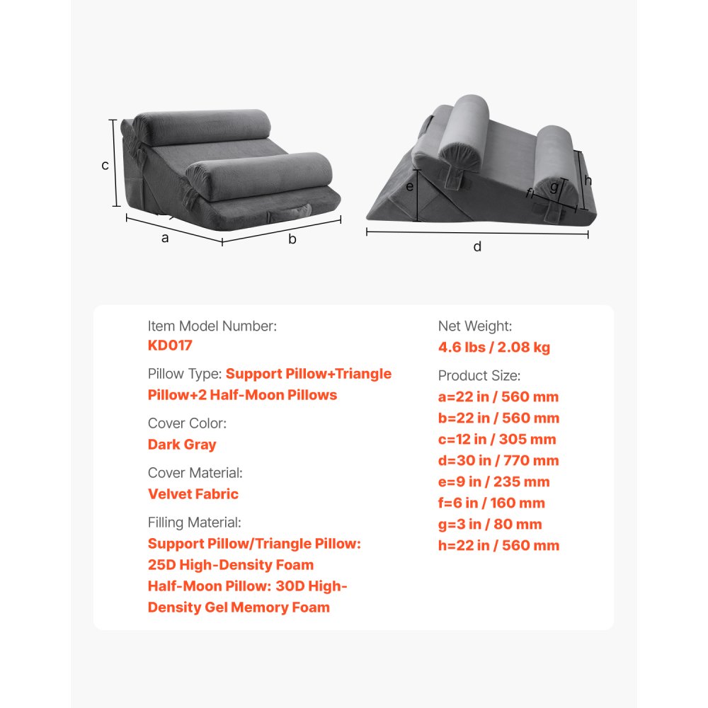 VEVOR Wedge Pillow for Sleeping, 4 Pcs Adjustable Orthopedic Bed Wedge Set, Support Arm Leg Neck Shoulder, Post Surgery Pillow for Back Pain, Acid Reflux, Snoring Relief, Sitting up in Bed, Dark Grey