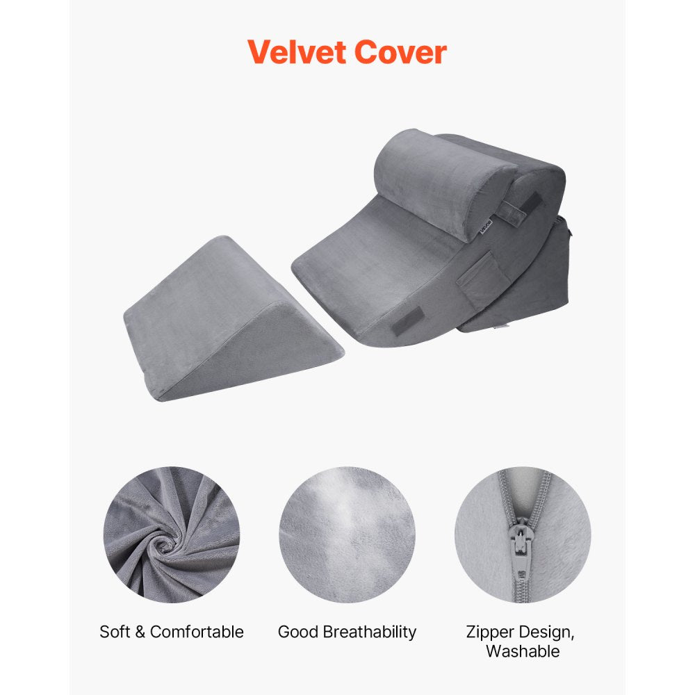 VEVOR Wedge Pillow for Sleeping, 4 Pcs Adjustable Orthopedic Bed Wedge Set, Support Leg Neck Shoulder, Post Surgery Pillow for Back Pain, Acid Reflux, Snoring Relief, Sitting up in Bed, Dark Grey