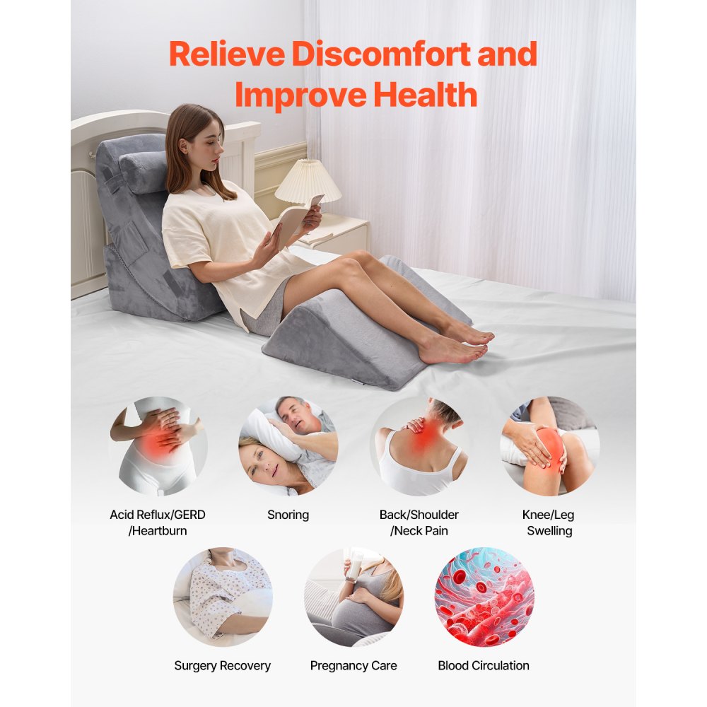 VEVOR Wedge Pillow for Sleeping, 4 Pcs Adjustable Orthopedic Bed Wedge Set, Support Leg Neck Shoulder, Post Surgery Pillow for Back Pain, Acid Reflux, Snoring Relief, Sitting up in Bed, Dark Grey