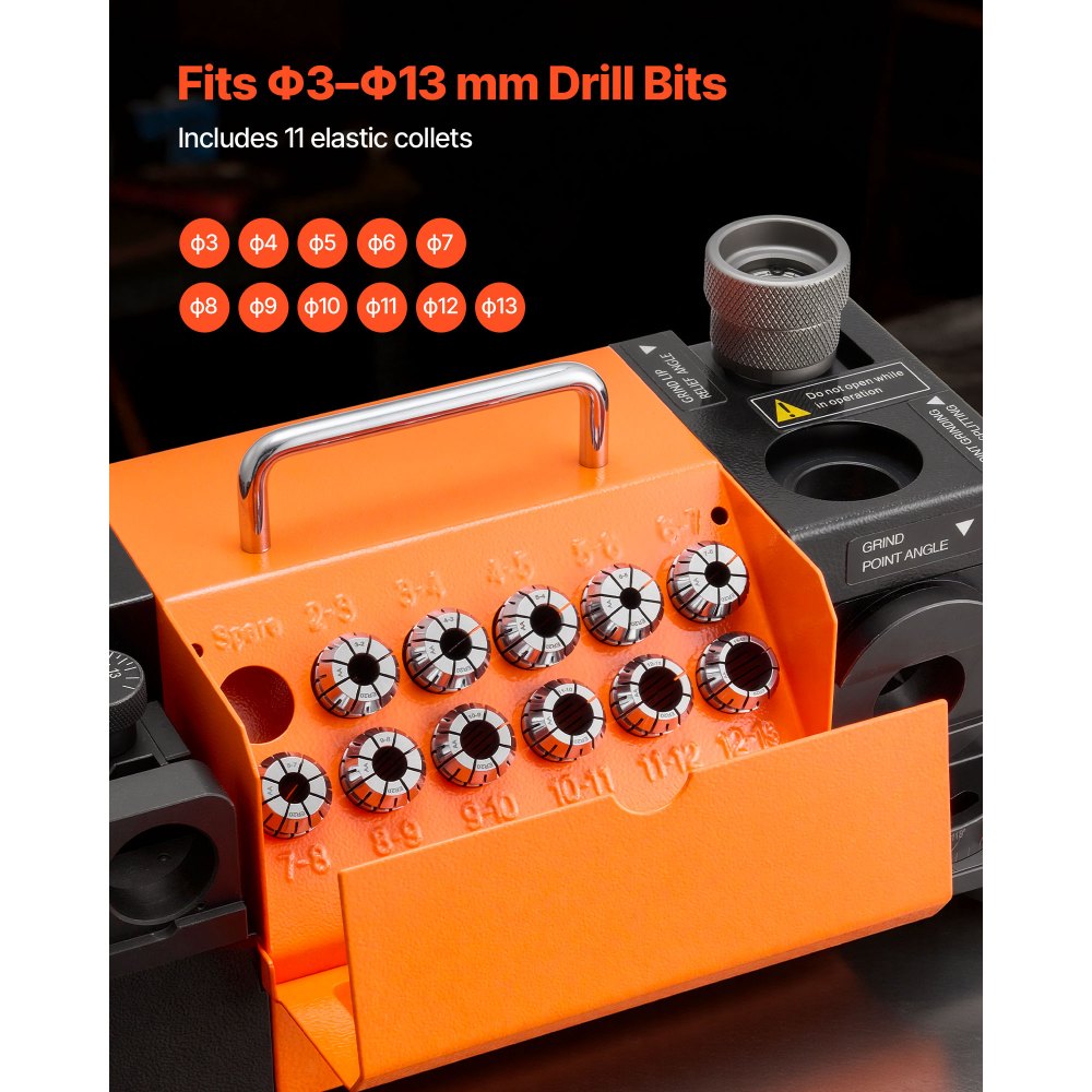 VEVOR Drill Bits Sharpener MR-13D, 3–13mm Professional Drill Bit Grinder with Adjustable Lip Relief Angle, Front Cutting Lip & 95°-135° Point Angle, 5800RPM Re-Sharpener with 11 Collets & CBN Wheel