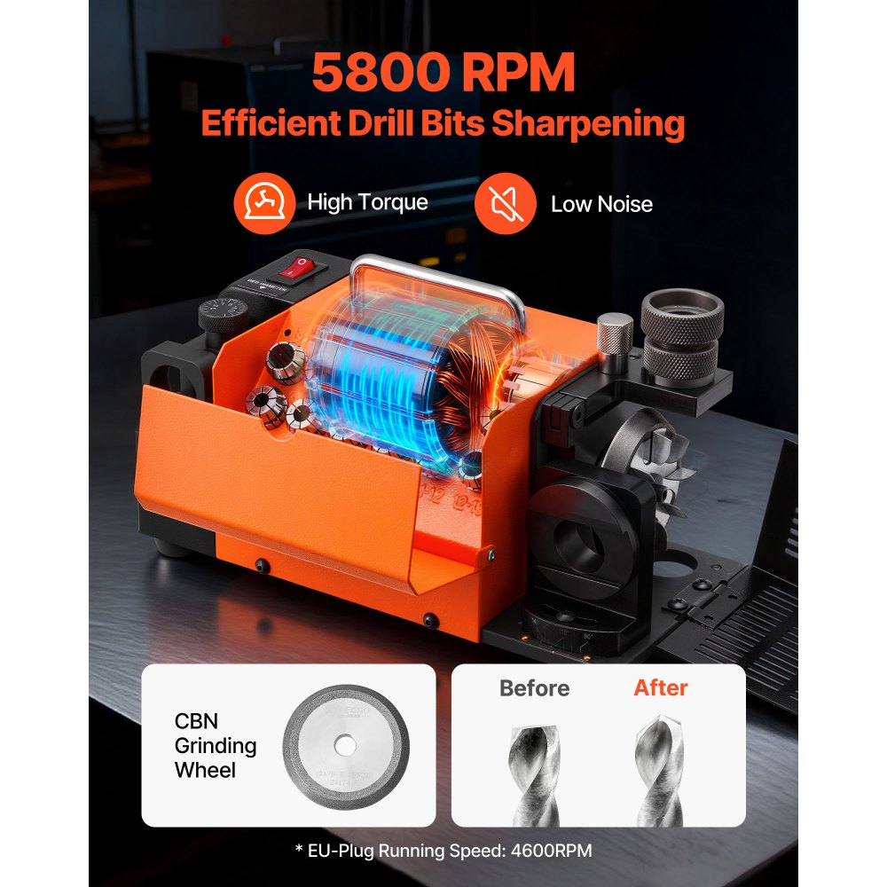 VEVOR Drill Bits Sharpener MR-13A+, 3-15mm Drill Bit Grinder Sharpener with 95°-135° Adjustable Point Angle, 5800RPM High Speed Re-Sharpening Machine with 13 Collets & CBN Wheel for Workshops Garages