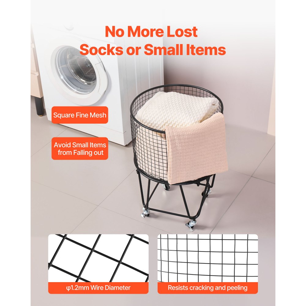 VEVOR Laundry Cart, Rolling Round Grocery Utility Cart with 360° Swivel Wheels, 60 LBS Large Load Capacity, Heavy Duty Carbon Steel Shopping Basket for Laundry, Shopping, Camping, Grocery, Luggage