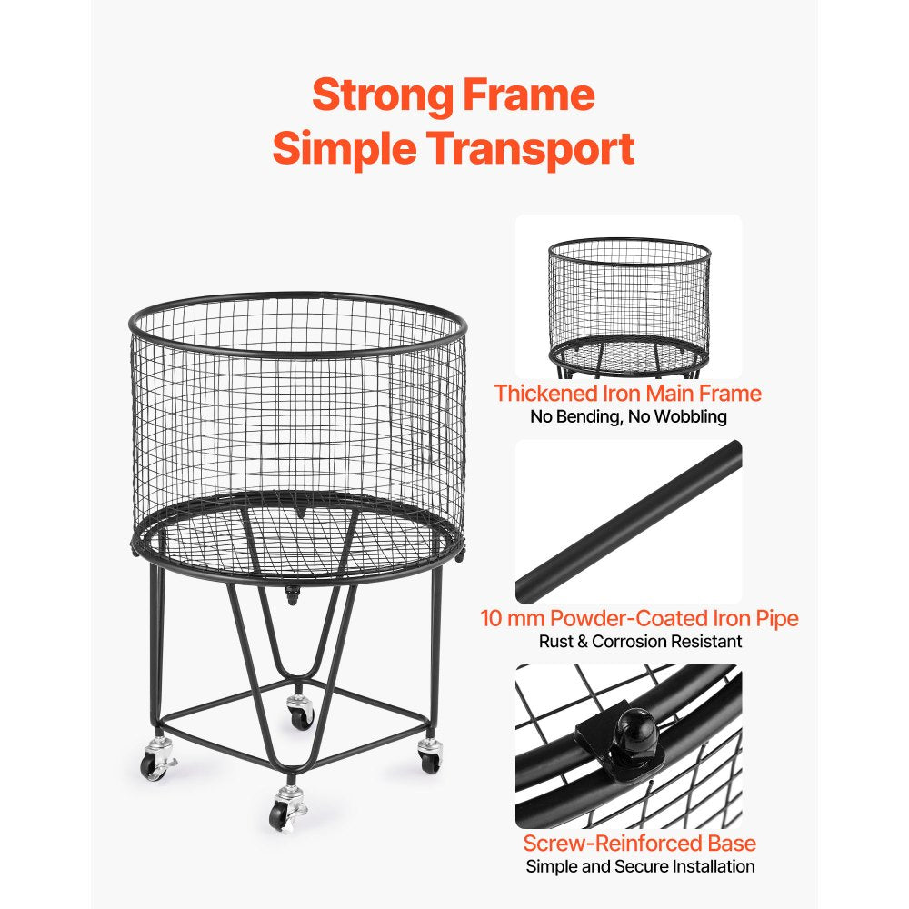 VEVOR Laundry Cart, Rolling Round Grocery Utility Cart with 360° Swivel Wheels, 60 LBS Large Load Capacity, Heavy Duty Carbon Steel Shopping Basket for Laundry, Shopping, Camping, Grocery, Luggage
