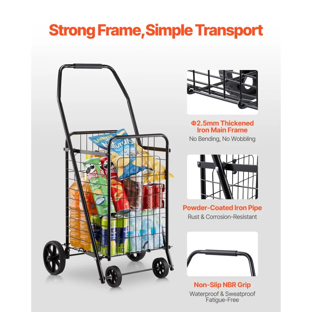 VEVOR Shopping Cart, Folding Grocery Utility Cart with Swivel Wheels, 90 LBS Large Load Capacity, Heavy Duty Rolling Laundry Basket Butler for Laundry, Shopping, Camping, Grocery, Luggage, Black