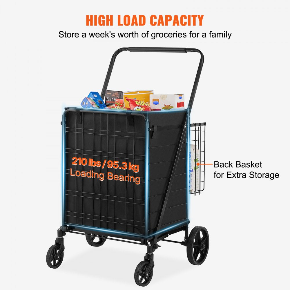 VEVOR Folding Shopping Cart with Removable Waterproof Liner, 210LBS Large Capacity Jumbo Grocery Cart with Dual Basket, 360° Swivel Wheels, Dense Metal Mesh Base, Heavy Duty Utility Cart for Shopping