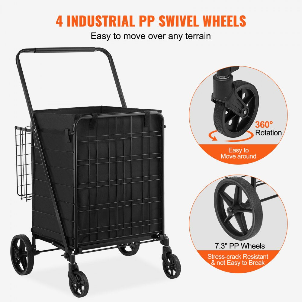 VEVOR Folding Shopping Cart with Removable Waterproof Liner, 210LBS Large Capacity Jumbo Grocery Cart with Dual Basket, 360° Swivel Wheels, Dense Metal Mesh Base, Heavy Duty Utility Cart for Shopping