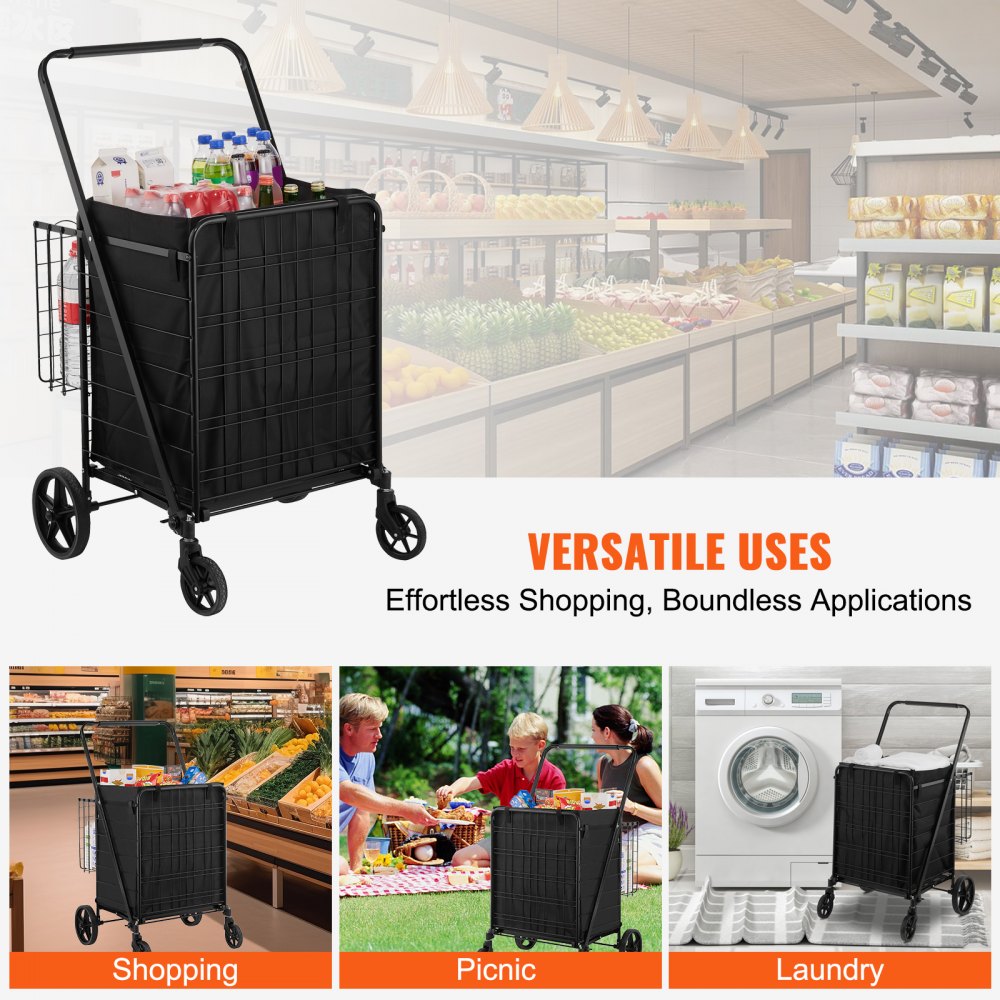 VEVOR Folding Shopping Cart with Removable Waterproof Liner, 210LBS Large Capacity Jumbo Grocery Cart with Dual Basket, 360° Swivel Wheels, Dense Metal Mesh Base, Heavy Duty Utility Cart for Shopping