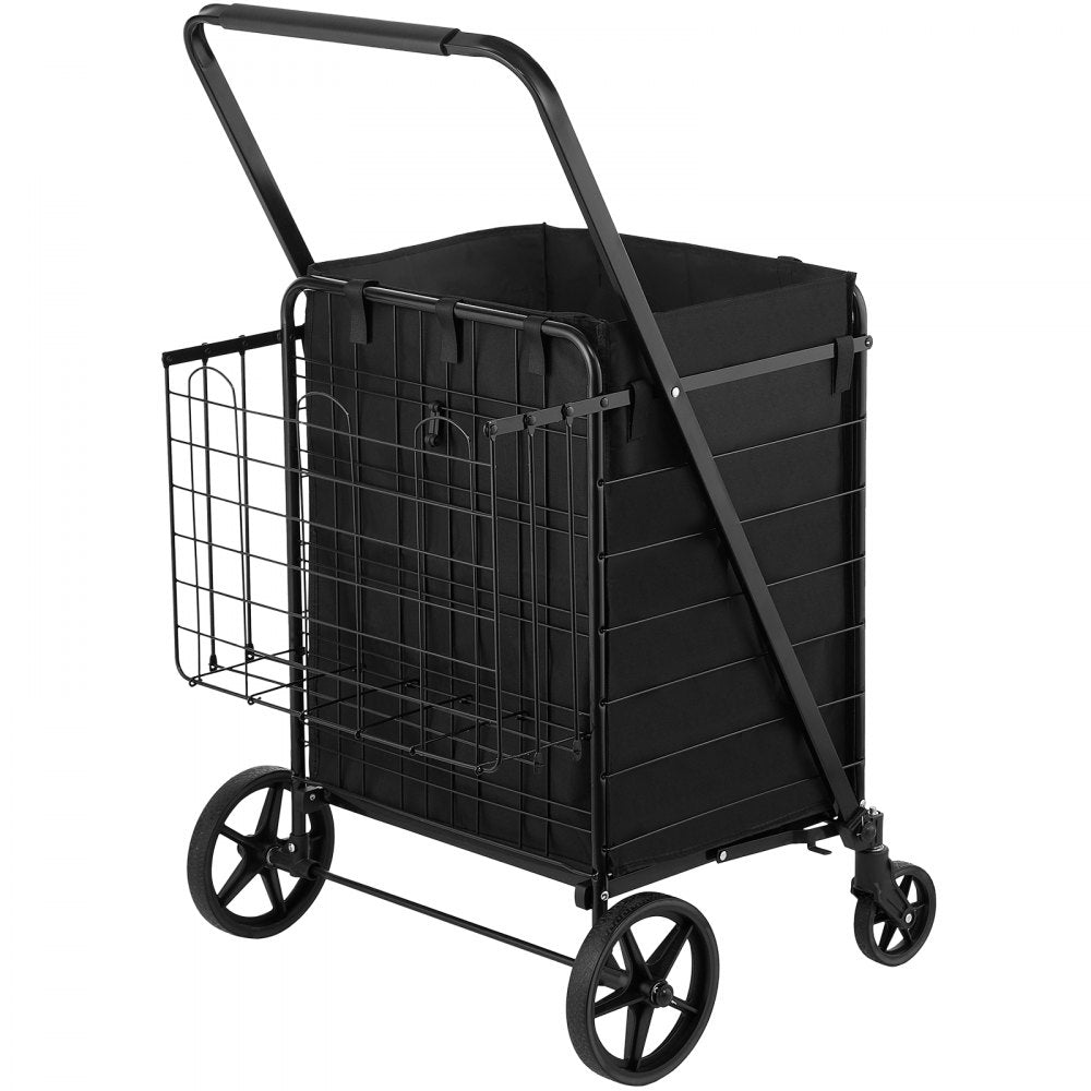 VEVOR Folding Shopping Cart with Removable Waterproof Liner, 210LBS Large Capacity Jumbo Grocery Cart with Dual Basket, 360° Swivel Wheels, Dense Metal Mesh Base, Heavy Duty Utility Cart for Shopping