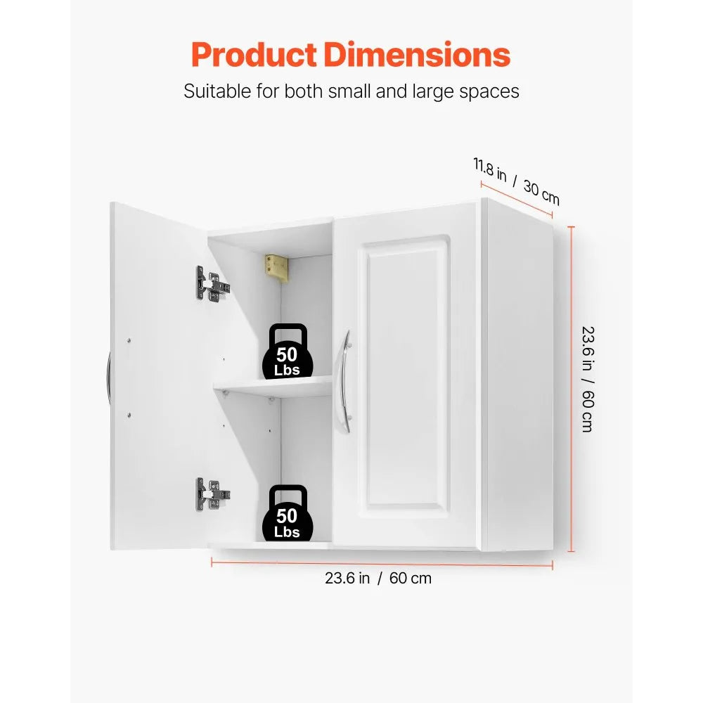 VEVOR Laundry Room Wall Cabinet, 2-Tier Wall Mounted Hanging Cabinet with Adjustable Shelf, Cupboard Storage with 2 Doors, for Kitchen, Bathroom, Laundry, 11.8 x 23.6 x 23.6 in (D x W x H), White