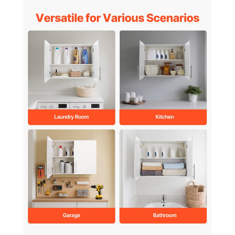 VEVOR Laundry Room Wall Cabinet, 2-Tier Wall Mounted Hanging Cabinet with Adjustable Shelf, 32 in Cupboard Storage with 2 Doors, for Bathroom, Kitchen, Laundry, 16 x 32 x 24 in (D x W x H), White