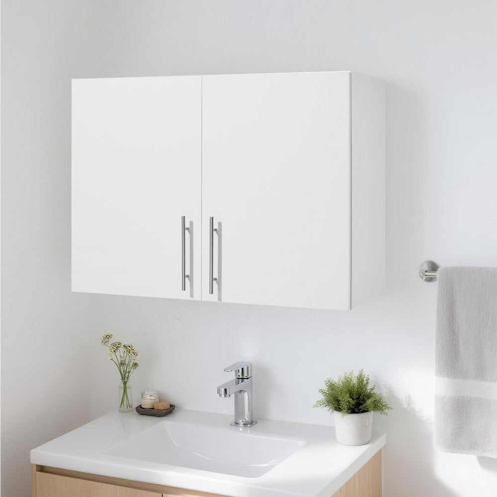 VEVOR Laundry Room Wall Cabinet, 2-Tier Wall Mounted Hanging Cabinet with Adjustable Shelf, 32 in Cupboard Storage with 2 Doors, for Bathroom, Kitchen, Laundry, 16 x 32 x 24 in (D x W x H), White