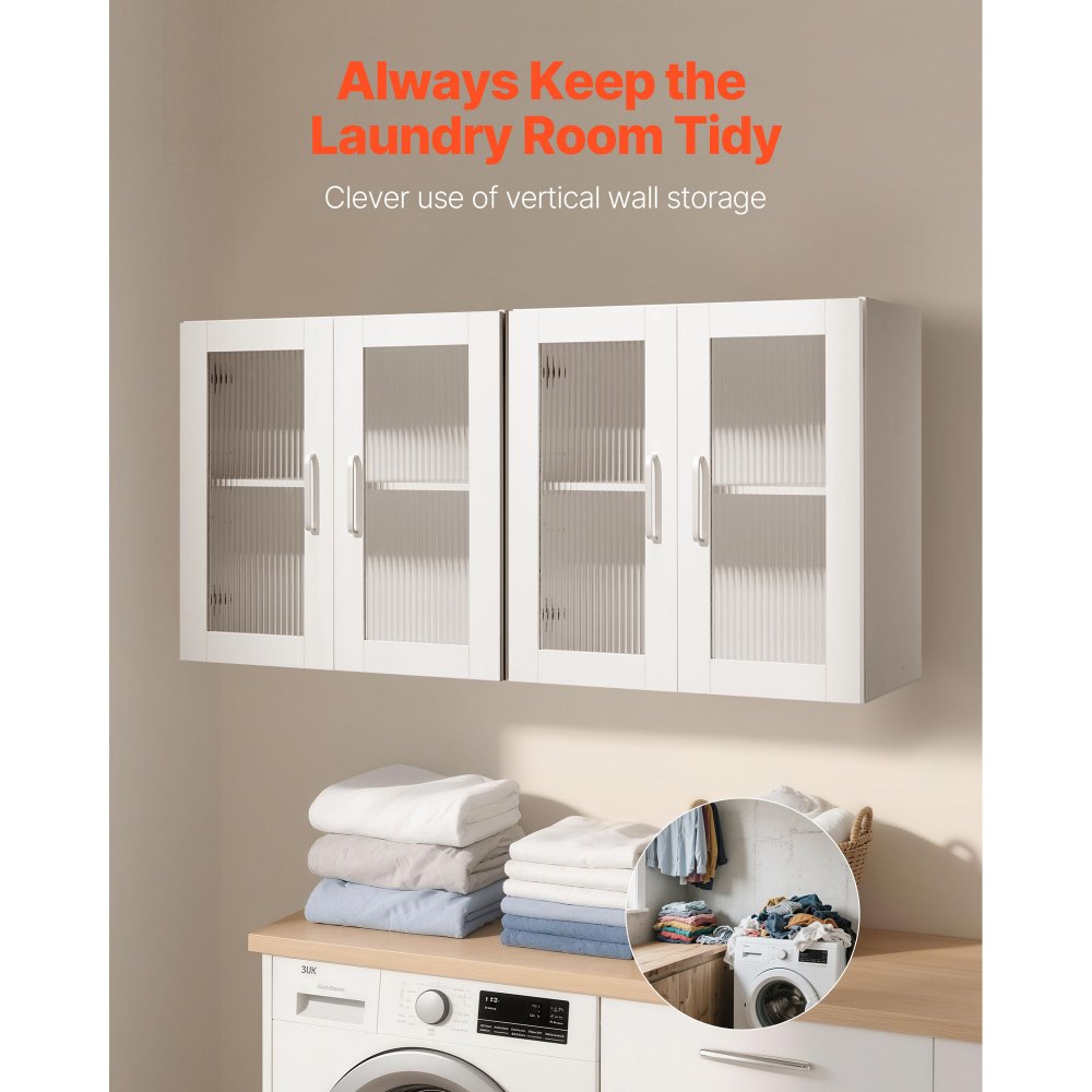 VEVOR Laundry Room Wall Cabinet, 2-Tier Wall Mounted Cabinet with Adjustable Shelf, Cupboard Storage with 4 Doors, for Kitchen, Bathroom, Laundry, Set of 2, Each 12 x 24 x 24 in (D x W x H), White