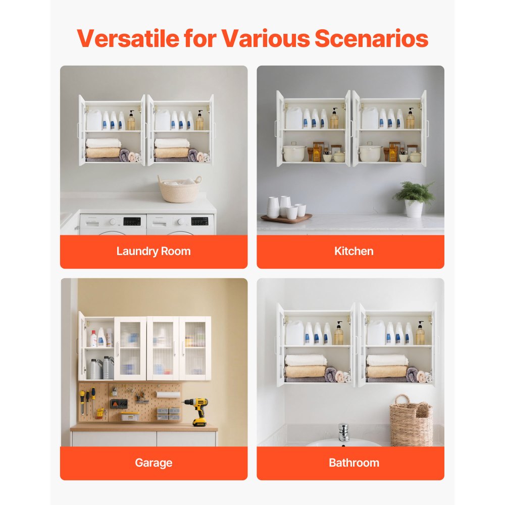 VEVOR Laundry Room Wall Cabinet, 2-Tier Wall Mounted Cabinet with Adjustable Shelf, Cupboard Storage with 4 Doors, for Kitchen, Bathroom, Laundry, Set of 2, Each 12 x 24 x 24 in (D x W x H), White