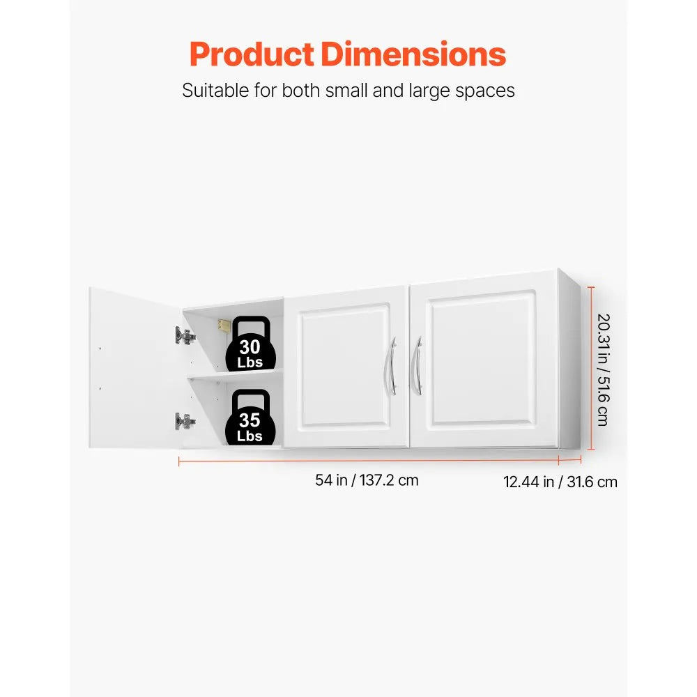 VEVOR Laundry Room Wall Cabinet, 2-Tier Wall Mounted Hanging Cabinet with Adjustable Shelf, Cupboard Storage with 3 Doors, for Kitchen, Bathroom, Laundry, 12.44 x 54 x 20.31 in (D x W x H), White