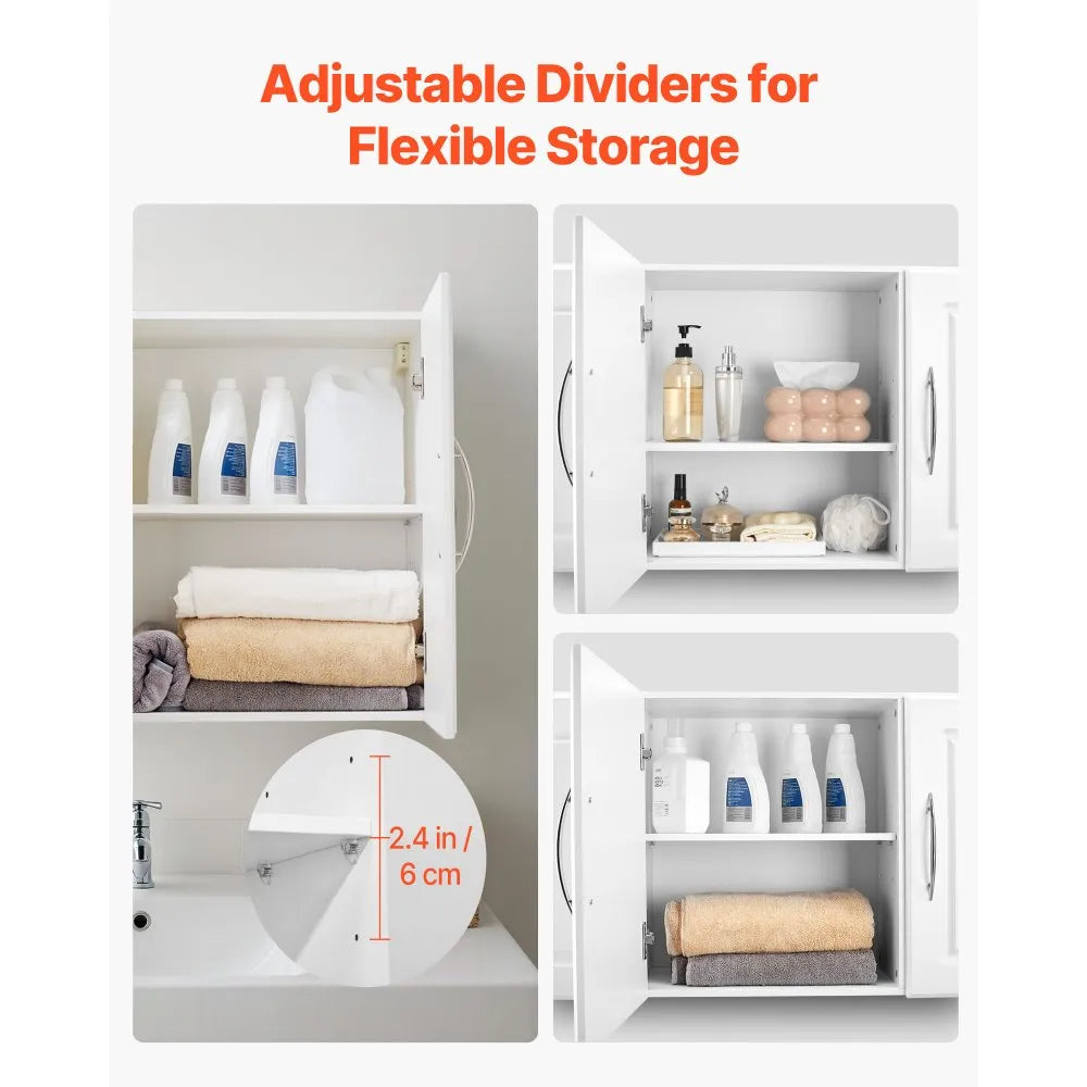 VEVOR Laundry Room Wall Cabinet, 2-Tier Wall Mounted Hanging Cabinet with Adjustable Shelf, Cupboard Storage with 3 Doors, for Kitchen, Bathroom, Laundry, 12.44 x 54 x 20.31 in (D x W x H), White