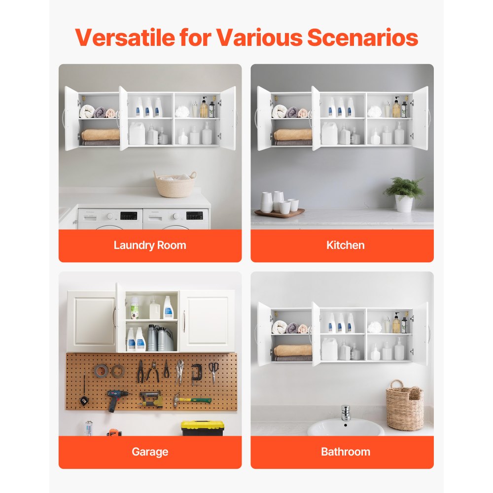 VEVOR Laundry Room Wall Cabinet, 2-Tier Wall Mounted Hanging Cabinet with Adjustable Shelf, Cupboard Storage with 3 Doors, for Kitchen, Bathroom, Laundry, 12.44 x 54 x 20.31 in (D x W x H), White