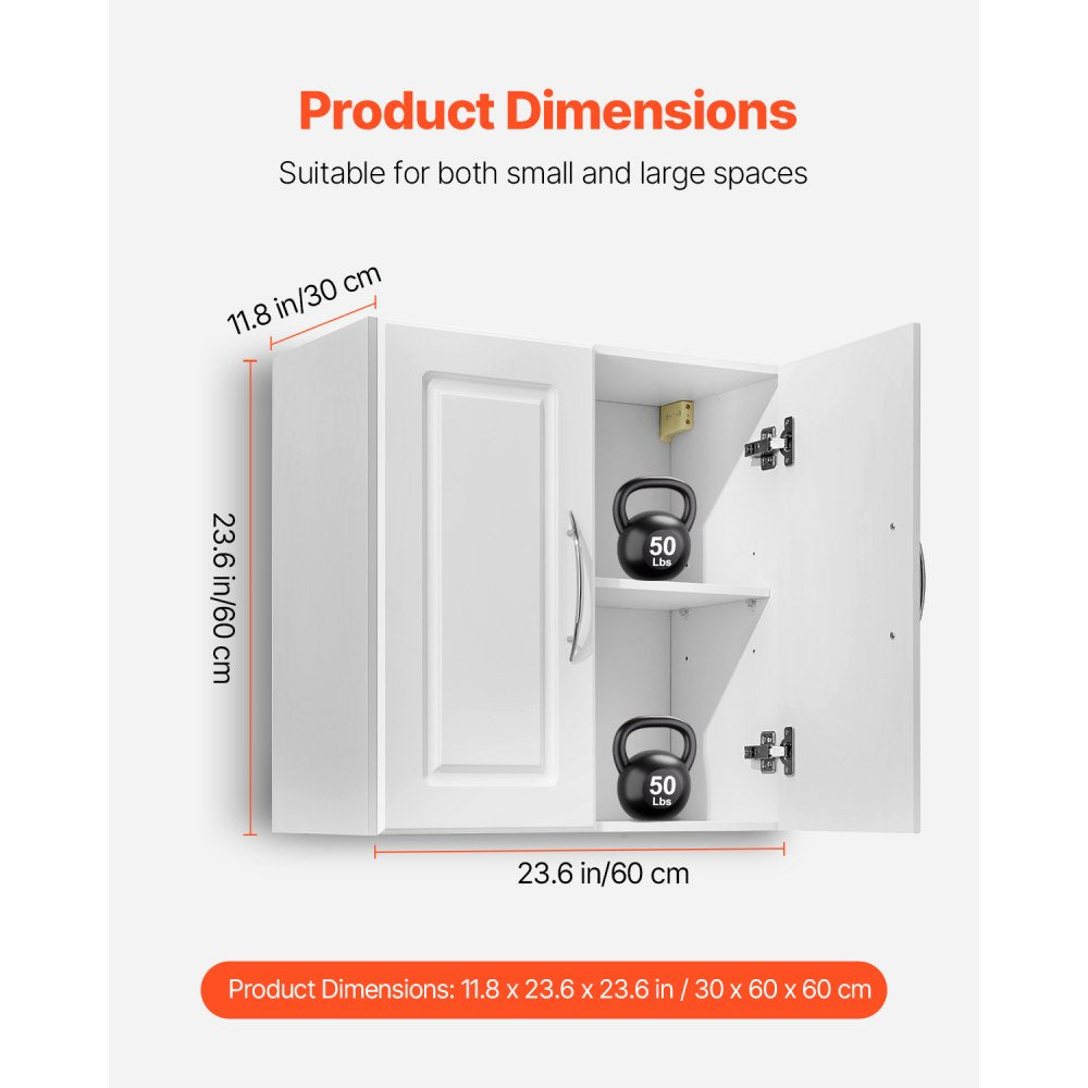 VEVOR Laundry Room Wall Cabinet, 2-Tier Wall Mounted Hanging Cabinet with 2 Doors, Cupboard Organizer with Adjustable Shelf, for Kitchen, Garage, Laundry, 11.8 x 23.6 x 23.6 in (D x W x H), White