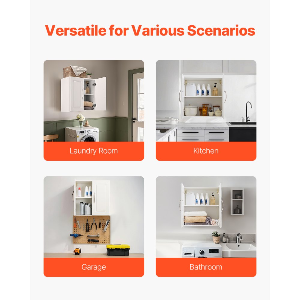VEVOR Laundry Room Wall Cabinet, 2-Tier Wall Mounted Hanging Cabinet with 2 Doors, Cupboard Organizer with Adjustable Shelf, for Kitchen, Garage, Laundry, 11.8 x 23.6 x 23.6 in (D x W x H), White