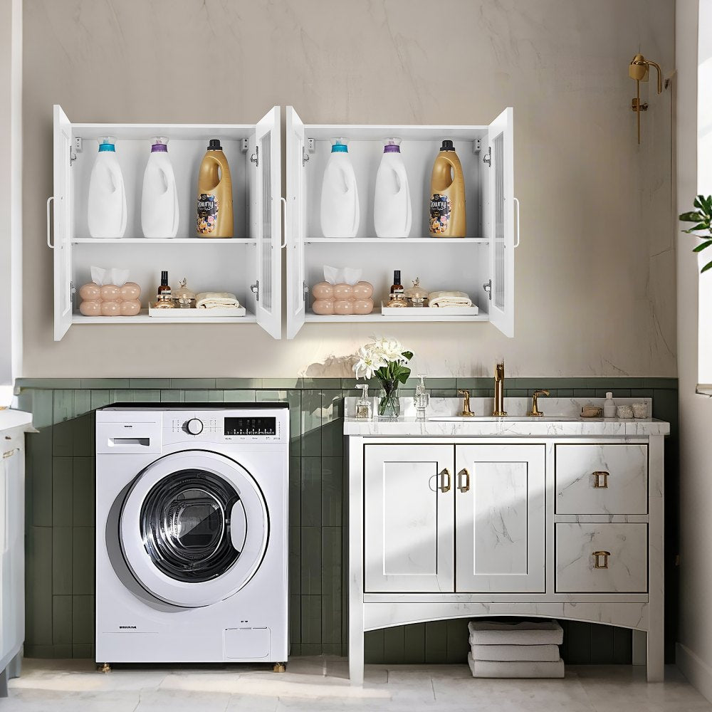 VEVOR Laundry Room Wall Cabinet, 2-Tier Wall Mounted Cabinet with 4 Doors, Cupboard Organizer with Adjustable Shelf, for Kitchen, Garage, Laundry, Set of 2, Each 12 x 24 x 24 in (D x W x H), White