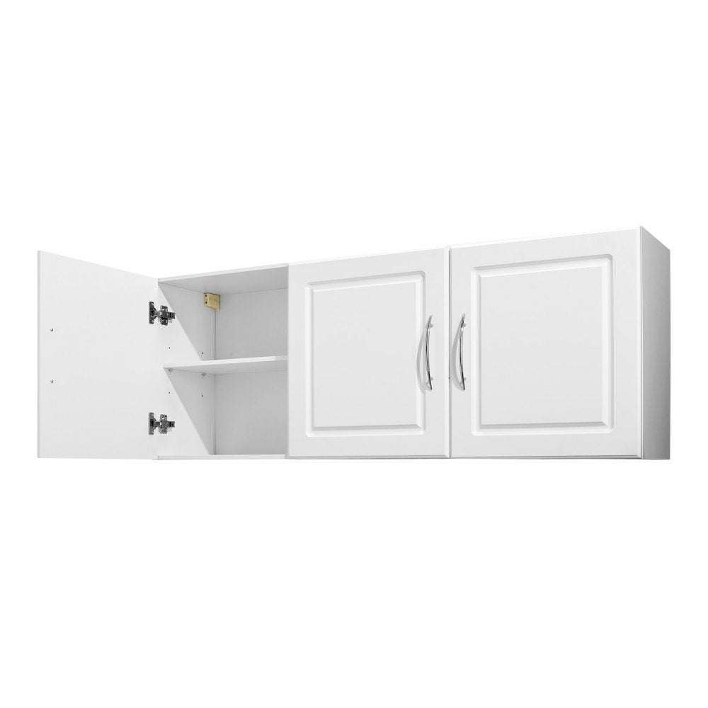 VEVOR Laundry Room Wall Cabinet, 2-Tier Wall Mounted Hanging Cabinet with 3 Doors, Cupboard Organizer with Adjustable Shelf, for Kitchen, Garage, Laundry, 12.44 x 54 x 20.31 in (D x W x H), White