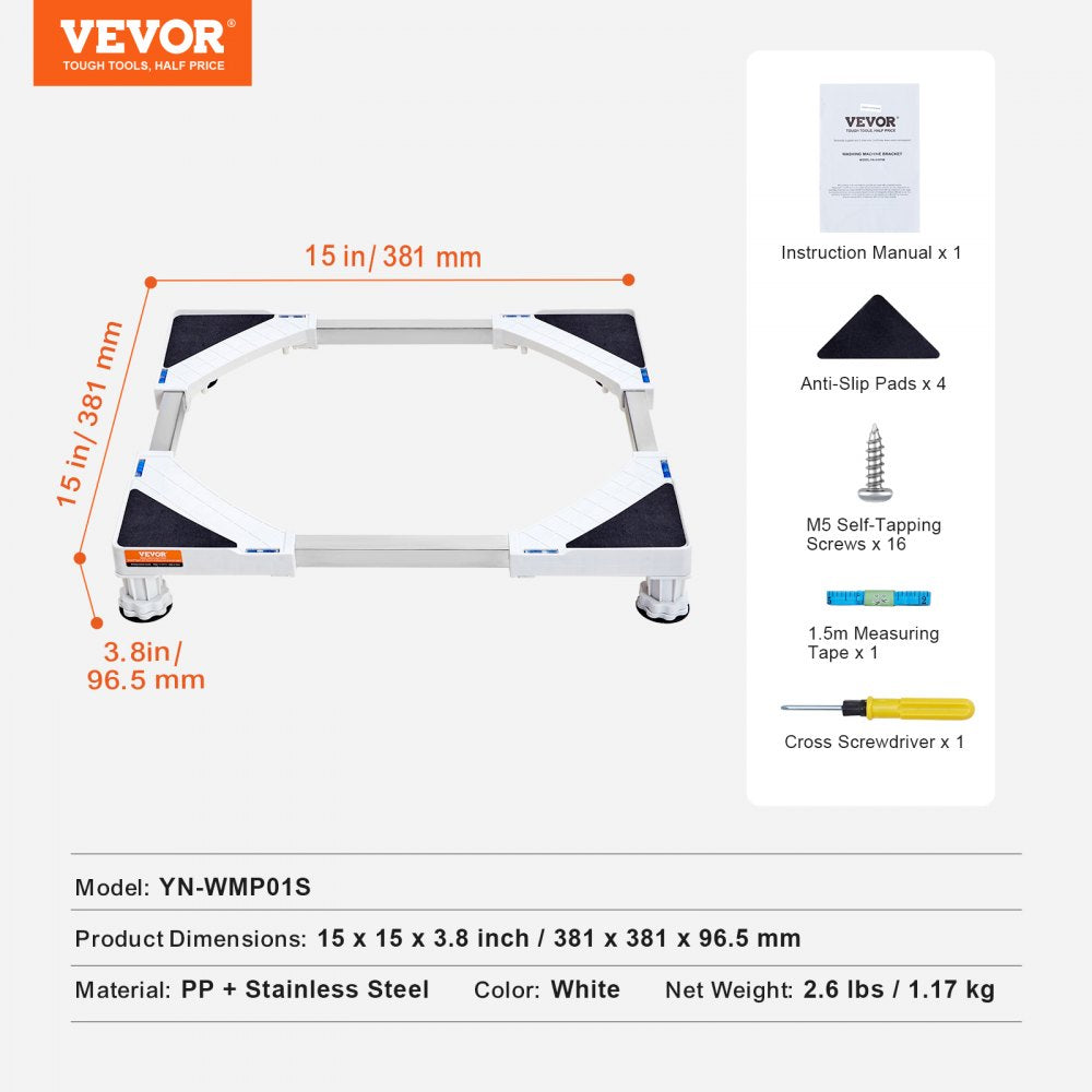VEVOR Mini Fridge Stand Universal Laundry Pedestal, Adjustable with 4 Strong Feet, Washing Machine Base Multi-Functional for Washer And Dryer, 15"-24.2"W Expandable