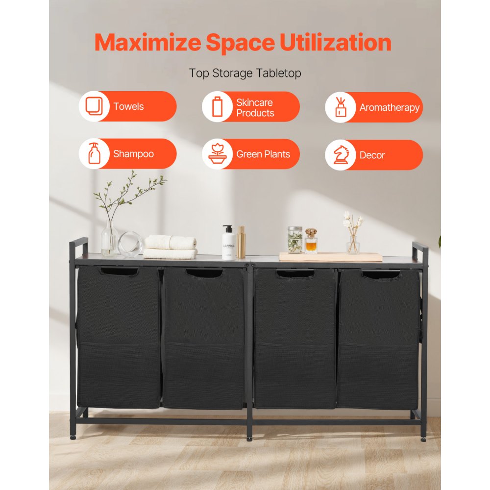 VEVOR 4 Section Laundry Sorter, Large Laundry Hamper with Metal Frame and Wooden Tabletop, Freestanding Storage Organizer Baskets with Pull-Out 600D Oxford Cloth Bags for Dirty Clothes, Bathroom