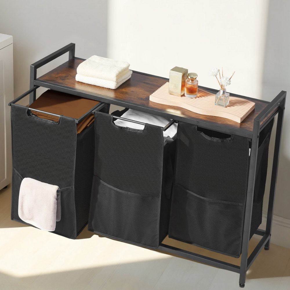 VEVOR 3 Section Laundry Sorter, Large Laundry Hamper with Metal Frame and Wooden Tabletop, Freestanding Storage Organizer Baskets with Pull-Out 600D Oxford Cloth Bags for Dirty Clothes, Bathroom