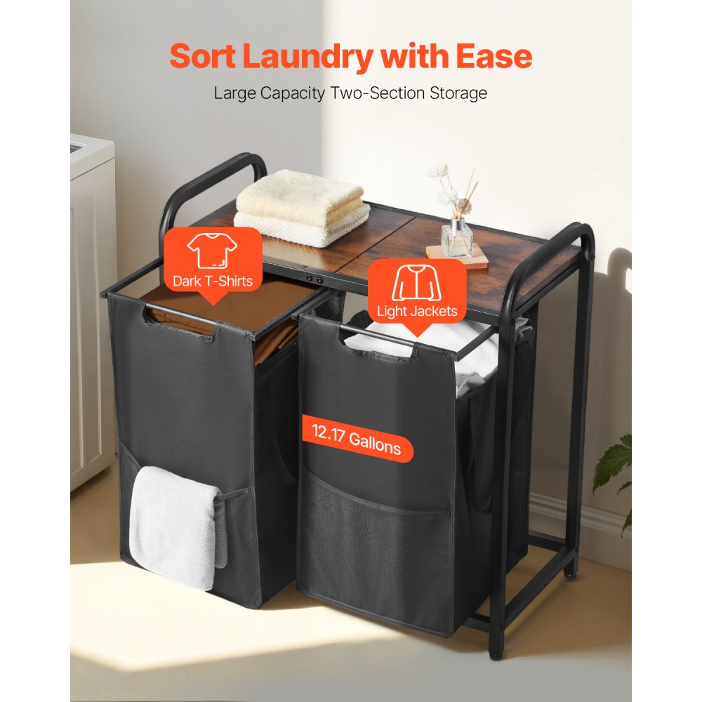 VEVOR 2 Section Laundry Sorter, Large Laundry Hamper with Metal Frame and Wooden Tabletop, Freestanding Storage Organizer Baskets with Pull-Out 600D Oxford Cloth Bags for Dirty Clothes, Bathroom